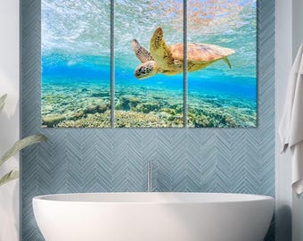 Sea Turtle Canvas Print, Underwater Ocean Art, Beach House Decor