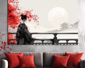 Geisha canvas print Asian bedroom decor Japanese wall art Japandi artwork Housewarming gift