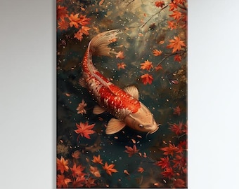 Koi Fish Japanese Pond Canvas Print, Autumn Maple Leaves Zen Wall Art
