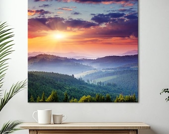 Sunrise Mountain Canvas Art: Forest Landscape Wall Decor