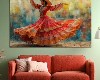 Mexican Dancer Wall Art, Colorful Dance Print Canvas, Fiesta Cultural Decor