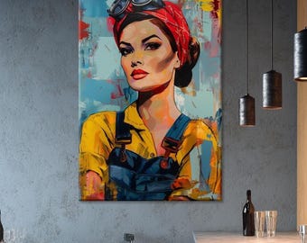 Cuadro retro de mujer, lienzo con mensaje de empoderamiento femenino, retrato de trabajadora vintage, decoración industrial.