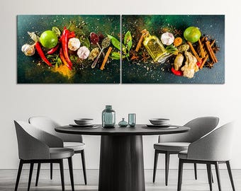 Arte de pared para cocina: lienzo con impresiones de especias y hierbas, decoración culinaria