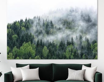 Foggy Pine Forest Canvas Print, Cabin Farmhouse Wall Art
