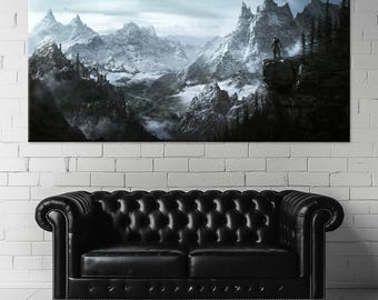 Epic Mountain Landscape Canvas Print: Dark Fantasy Warrior Artwork, Game Room Decor