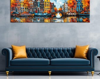 Amsterdam Canal Houses Wall Art, Colorful Cityscape Canvas Print, Dutch Architecture Decor
