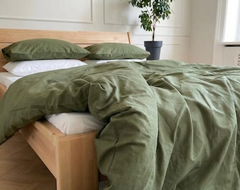 Cotton Bedding Set: Olive Green and White Colors (Queen to King Sizes)