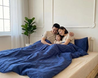Set di biancheria da letto in cotone, beige e blu navy (matrimoniale con federe)