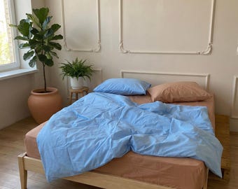 Conjunto de cama azul-celeste e marrom: capa de edredom tamanho queen em algodão com fronhas.