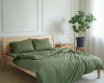 Olivgrönt sängklädset med queen size-motiv - Mjukt påslakan och örngott i bomull
