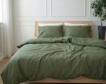 Olivgrüne Baumwollbettwäsche-Set - Bettbezug mit Kissenbezügen