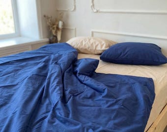 Cotton Duvet Cover Set: Beige and Navy Blue - Queen Size Bedding