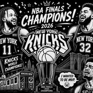 May include: A black and white graphic illustration featuring New York Knicks players Brunson #11 and KAT #32 celebrating a 2026 NBA Finals championship. The design includes the Larry O'Brien trophy, a basketball, the NYC skyline, and text.