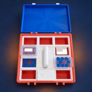 May include: A square, open storage case with a blue lid and an orange base. The interior features a white grid with multiple compartments, some containing small clear plastic containers filled with blue circular tokens and white rectangular inserts.