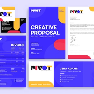 May include: A branding stationery set for Pivot Creative Studios featuring business cards, a creative proposal, a letterhead, an invoice, and an email signature, all designed with a blue, yellow, and red color palette and bold typography.
