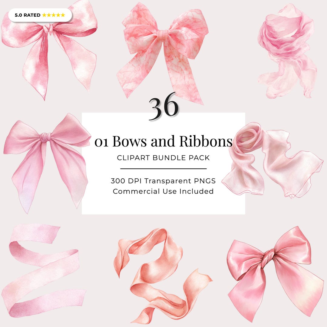 Coquette Bow Clipart Bundle, 36 Ribbon PNG, Watercolor Pink Bow, Girly ...