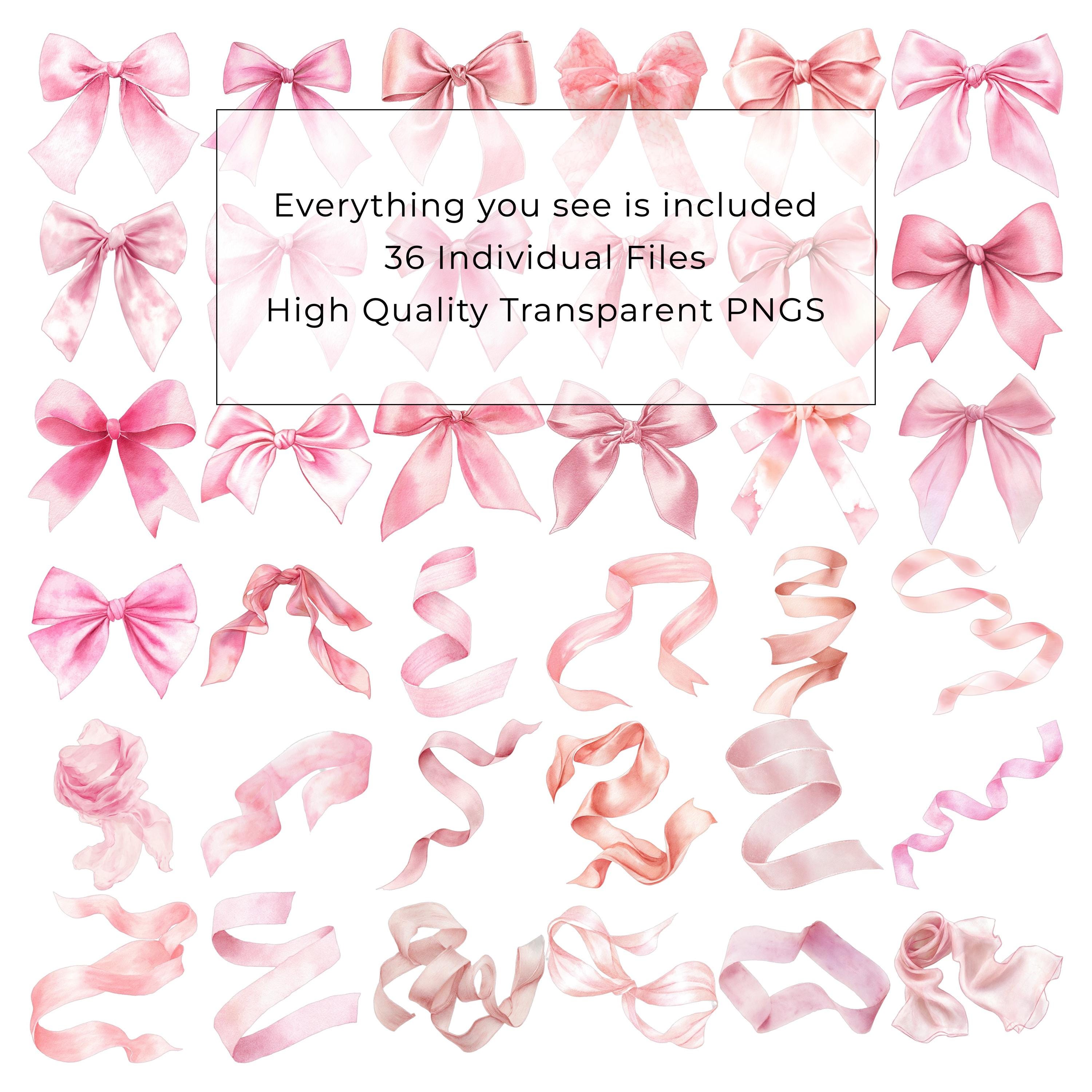Coquette Bow Clipart Bundle, 36 Ribbon PNG, Watercolor Pink Bow, Girly ...