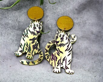 Unique Plug Earrings Mirrored Tiger, Studs to 34mm Golden Brass Dangle Ear Plugs, Hider Gauges, 14g 10g 2g 1g 6g 00g 000g 3/4" 22mm 16mm