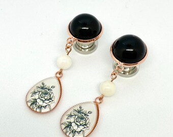 bianco e nero appesi floreale gioielli donna Orecchini fatto a mano bronzo bianco e nero appesi floreale gioielli donna Orecchini fatto a mano bronzo