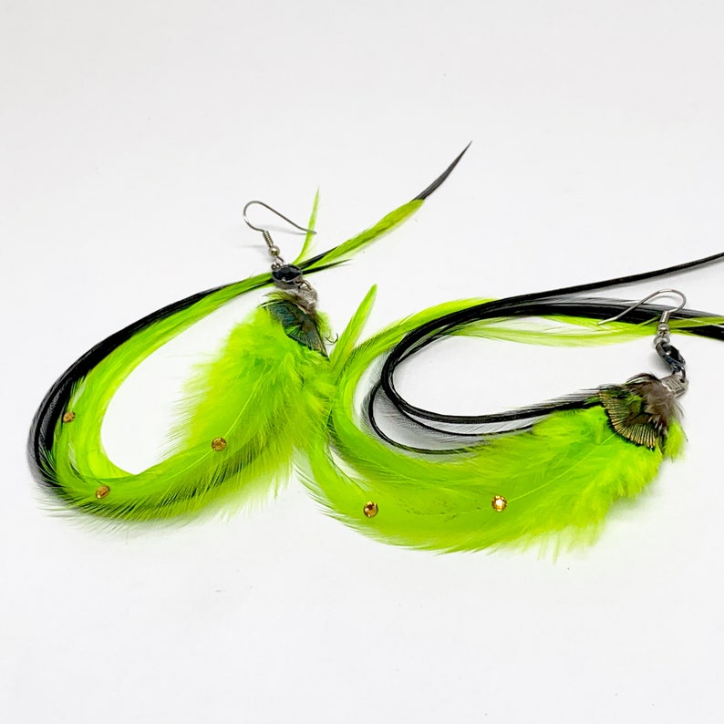 Slender Feather Earrings Chartreuse Lime Green and Black with Rhinestones OOAK Ready to Ship