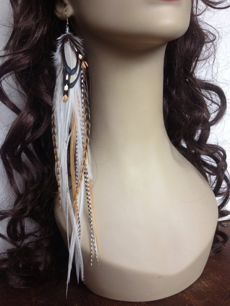 XL Long Single Feather Earring 11-12 inch Snow White Ginger Cree Grizzly Feather Extension Effect Dangle Earring Single image 2