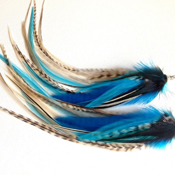 Real Feather Earrings Long Blue Bird Dangle Earrings, Turquoise Blue and Grizzly Long Feather Earings