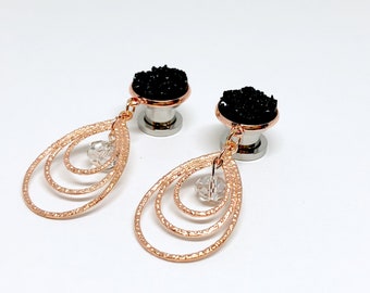 2g Dangle Plugs 0g Rose Gold Black Druzy Ear Plugs 6g 4g Dangle Plugs 7/16" 000g 00g 11mm/10mm/8mm/6mm/5mm/4mm Formal Bridal Teardrop Gauges