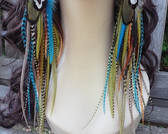 Big Feather Earrings - Bold Prairie Queen - Dangle Earrings Turquoise Olive Grizzly Boho Hippie Feather Jewelry