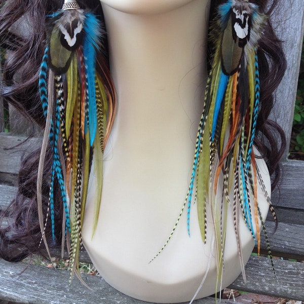 Big Feather Earrings - Bold Prairie Queen - Dangle Earrings Turquoise Olive Grizzly Boho Hippie Feather Jewelry