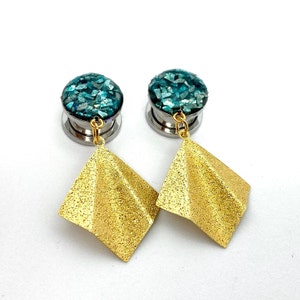 Stud Earrings to 2” 50mm Gauge Teal Glitter Dangle Plugs, Gold Ear Plugs Earrings 25mm 16mm 12mm 14mm 12g 00g 1g 28mm 32mm 35mm 42mm