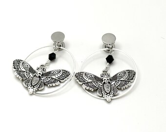 Gothic Silver Skull Moth Dangle Plugs, Stud Earrings to 1” (25mm) Ear Plugs Hoops Hider Gauges 4g 2g 1g 4g 00g 000g 7/8" 22mm 16mm