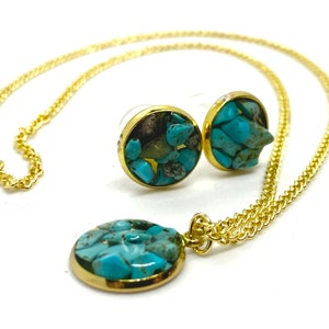 Stone Turquoise Dangle Plugs and Gold Necklace Set, Post Earrings To 5/8” 16mm Gauged Earrings 1g 00g 1/2 2g 8g 12mm 14mm 8g 12g 000g 14g