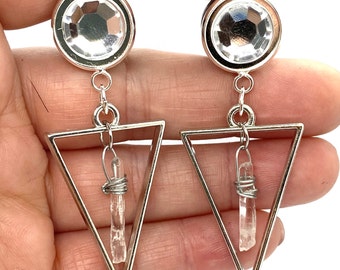 Quartz Crystal Dangle Plugs Silver Ear Plugs 6g 4g 2g 0g 1g 00g 000g Geometric Plugs 7/16" 11mm 10mm 8mm 6mm 5mm 4mm Dangling Ear Plugs