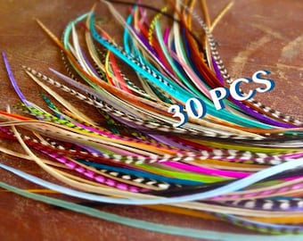 Long Festival Hair Feathers Variety Feather Extensions 30 Feather Hair Extensions, 10 Natural, 10 Grizzly, 10 Colorful Dyed XL Accessories