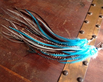 Very Long Feather Earrings, Blue Moon XL Feather Extension Earrings Blue, Turquoise, Red, and Grizzly Earings