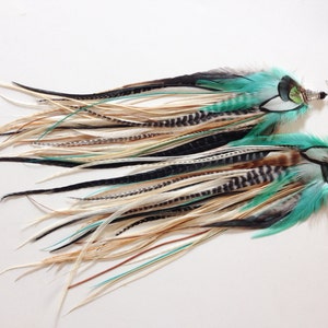 14 inch Feather Earrings Long Natural Turquoise Hippie Goddess, Big and Full Real Feather Jewelry, Summer Festival Earrings image 3