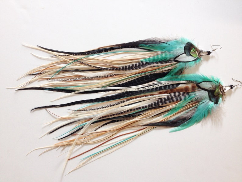 14 inch Feather Earrings Long Natural Turquoise Hippie Goddess, Big and Full Real Feather Jewelry, Summer Festival Earrings image 3