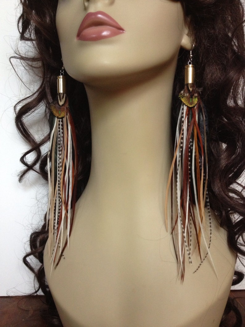 Bullet Feather Earrings Bohemian Goddess Hippie Jewelry Natural Long Real Feather Earrings 8-9 Long image 3