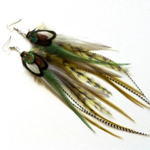 Long Feather Earrings Shades Of Green Boho Hippie Feather Earings image 1