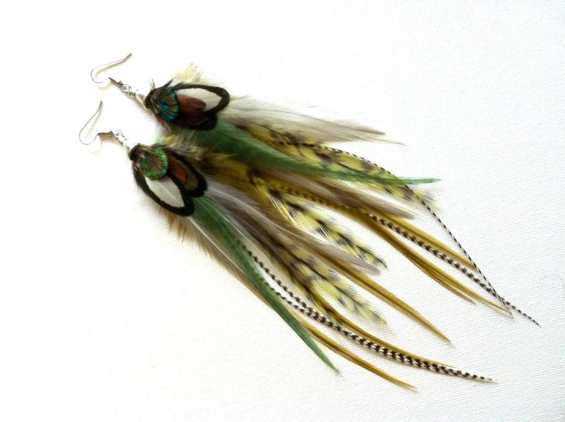 Long Feather Earrings Shades Of Green Boho Hippie Feather Earings image 1