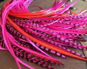 Magenta Red Bright Pink Feather Extensions Long Feather Hair Feathers, 6pc or 8pcs Loose or Bonded Bundle of Colorful Chicken Feathers