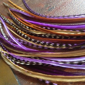 Hair Feather Exension Purple Grizzly Brown Bonded Feather Blend Skinny Rooster Saddle Feathers 8-11 inch plumes, 1 Bundle