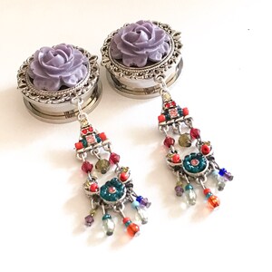 1 inch Boho Beaded Dangle Plugs 22mm 7/8 Choose Rose Color 19mm 3/4&quot;, 25mm, 20mm 13/16&quot; Gauges Acrylic/Wood/Steel Screw Back Tunnels