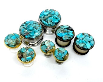 Turquoise Pebbles Pierced Post Stud Earring and Gauged Plugs 14g 16g 8g 12g 10g 6g 4g 2g 0g 1g 00g 000g 1/2 9/16 5/8 Stone Ear Plugs