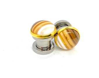 Neutral Tone Striped Ear Plugs 14g 16g 8g 12g 10g 6g 4g 2g 0g 1g 00g Gauged Earrings, Button Style Hider Plugs, Screw Fit