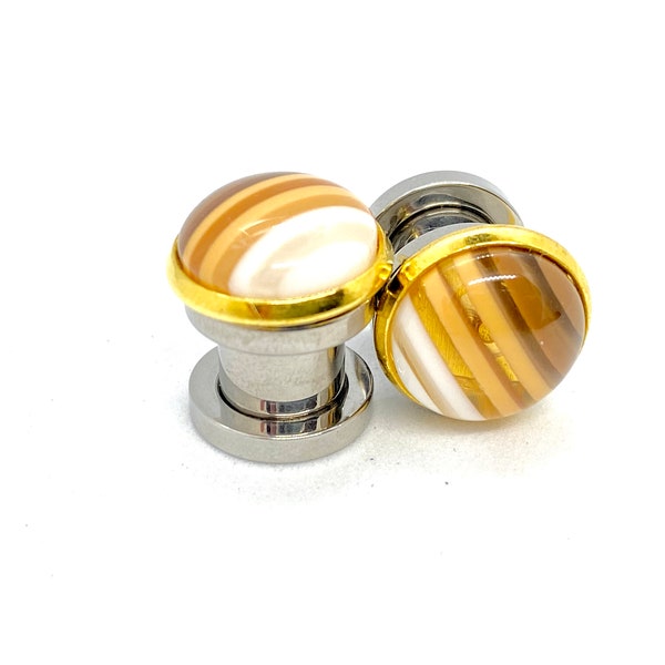 Neutral Tone Striped Ear Plugs 14g 16g 8g 12g 10g 6g 4g 2g 0g 1g 00g Gauged Earrings, Button Style Hider Plugs, Screw Fit