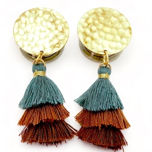 5/8 inch Tassel Dangle Plugs Earrings Tassel Gauges Teal Turquoise Gold/Brass Lightweight Hanging Hider Ear Plugs 16mm