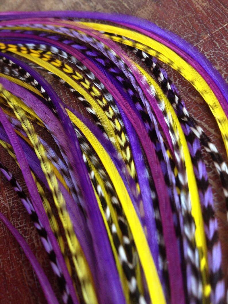 Hair Feather Extensions Long Golden Yellow Purple Plum Grizzly Etsy