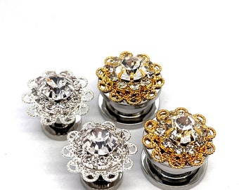 Silver/Gold Rhinestone Bridal Ear Plugs, Bridesmaids Earrings 14g 16g 8g 12g 10g 6g 4g 2g 0g 1g 00g 000g 1/2” EarPlugs Gauges