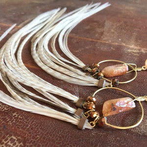 Natural Cream Feather Earrings, Gold Hoop Earrings With Champagne Rose Quartz Crystals Leverback Earrings, Feather Hoops